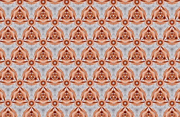 Abstract geometric pattern with a repeating design of triangles, stars, and circular shapes in shades of orange, white, and gray, forming a textured background