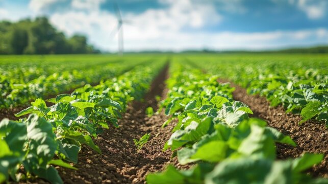 A vibrant green field of crops with a wind turbine in the distance and a clear blue sky above. - Powered by Adobe