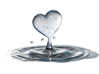 3 D Render of a Translucent Heart Shaped Water Droplet Falling onto a Still Water Surface Creating Concentric Ripples Against a Black Background