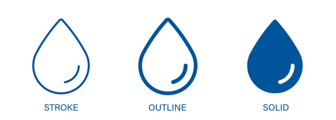 Water drop icon with editable stroke, outline and solid styles. Vector icon for liquid, water and nature.