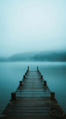 Fototapeta premium Misty Lake Landscape with Wooden Pier Leading into Calm Water on Foggy Day