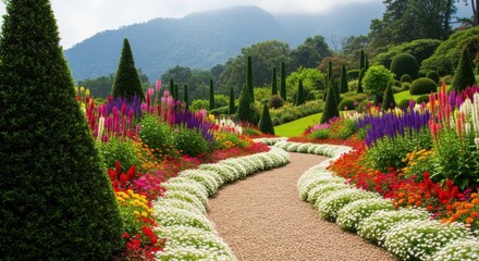 A winding gravel path meanders through a vibrant, colorful garden filled with blooming flowers and manicured trees, leading towards rolling hills under a cloudy sky