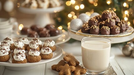 Christmas cookies and milk on a table with a festive background.