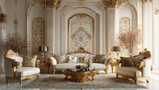 Luxurious gold-accented living room interior with ornate furniture and decorative elements