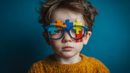 World autism awareness day. Portrait of a cute kid with the colorful puzzles pieces. Autism Spectrum Disorder concept, ASD, Syndrome, child mental health concept, autistic kid