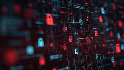 Complex digital network with security icons.  Abstract graphic of interconnected data streams,  encrypted symbols, and dynamic elements.