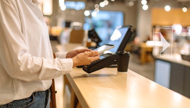 Person Scanning Mobile Phone At Checkout Counter With Conversion Arrow Overlay