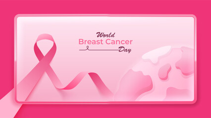Pink ribbon illustration for World Breast Cancer Day awareness with global health support design.