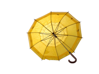 Yellow Umbrella Viewed from Below Against Black Background A Pale Yellow Parasol with a Dark Brown Handle Suspended in Darkness Showing its Underside Detailed Ribs and Canopy