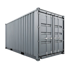 Three Dimensional Model of a Gray Steel Shipping Container with Double Doors Closed Against a Black Background