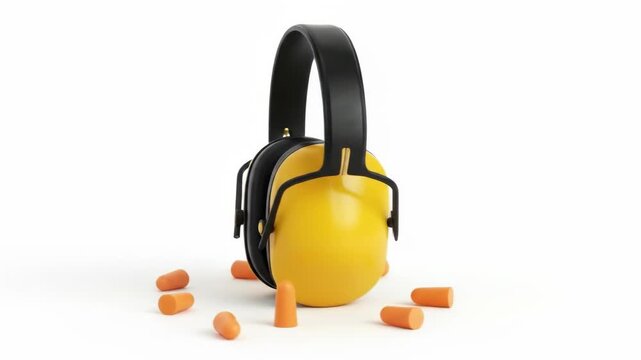 Yellow ear muffs and orange earplugs on a white surface