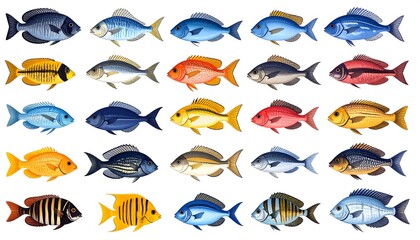 Colorful illustration showcasing a variety of fish, featuring vibrant hues and detailed scales.
