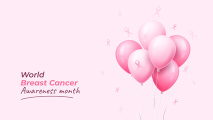 Pink balloons with ribbons for World Breast Cancer Awareness Month, symbol of health, prevention, and global support.