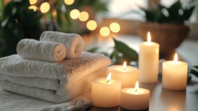 A serene spa setting with white towels, candles, and green plants in the background.