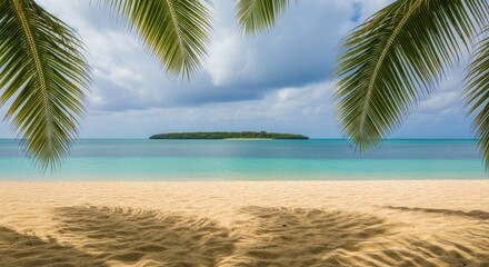 A tropical beach with palm trees frames a distant island, creating a serene and inviting vacation scene