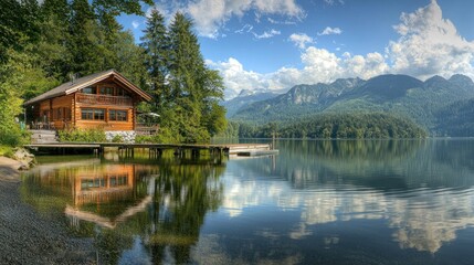 Obraz premium A wooden cabin with a wooden deck and a wooden pier on a calm lake with mountains in the background.