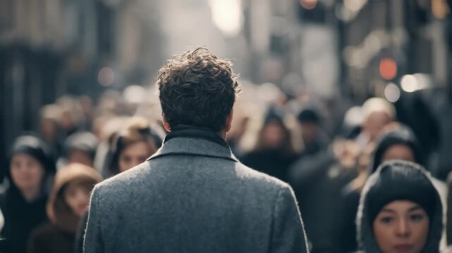 Contemplative lonely man walking through busy city street crowd, finding solitude