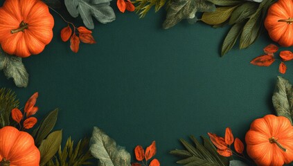 Autumnal Pumpkins and Green Foliage Frame on Dark Green Background