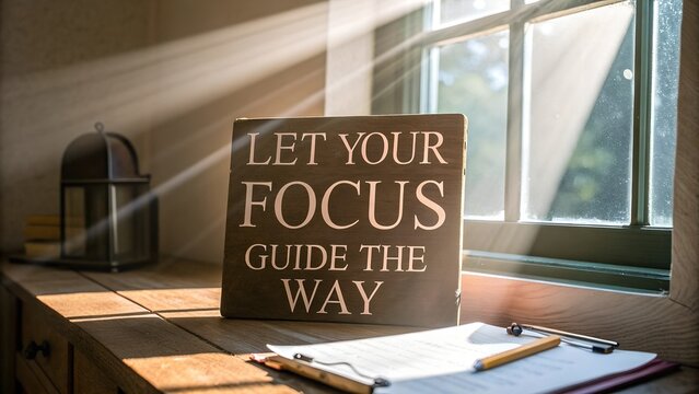 Inspiring Wooden Sign on Desk with Sunlight and Window Background