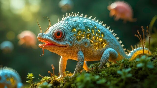 Colorful chameleon on green plants
