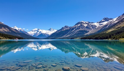 Fototapeta premium Serene Mountain Landscape with Crystal Clear Lake and Reflection under Bright Blue Sky