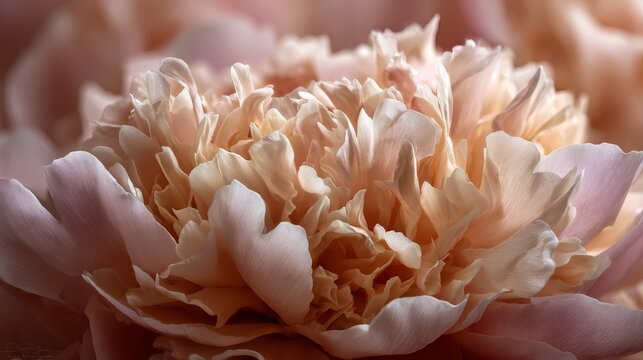 Beautiful blooming pink peony flower macro photography highlighting delicate petals layered structure and natural elegance with soft blurred background for floral design decoration or botanical art