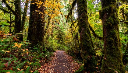 A pathway winds through a mossy forest, vibrant with autumnal foliage.