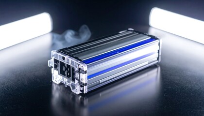 Rectangular Technology Device with Blue and Silver Accents on a Frosted Surface with Mist Plume under High Key Lighting