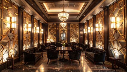 Luxurious and elegant lounge interior with rich textures and warm lighting