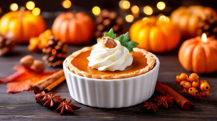 A delightful pumpkin pie topped with whipped cream, surrounded by autumn decor including pumpkins, cinnamon sticks, and festive lights.