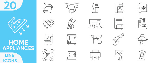 Home Appliances icon set. Editable stroke. washing machine, kitchen appliance, vacuum cleaner, refrigerator, TV and more. Vector illustration.