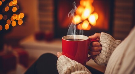 A person wearing a cozy sweater holds a steaming red mug of hot beverage in front of a warm fireplace with festive bokeh lights in the background