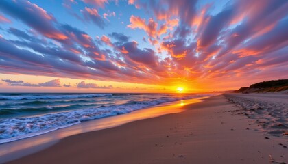 Obraz premium Breathtaking Sunset Over Serene Beach with Colorful Cloudy Sky and Gentle Ocean Waves at Dusk