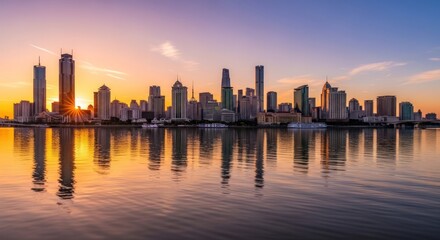 Stunning Sunrise Over Modern City Skyline Reflected in Calm River Water