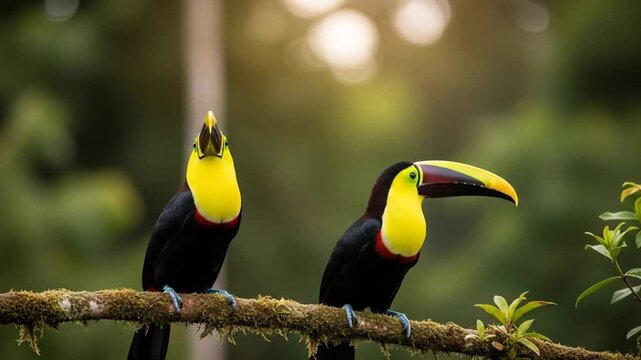 Vibrant toucans perched on mossy branch in tropical foliage scenery showcase