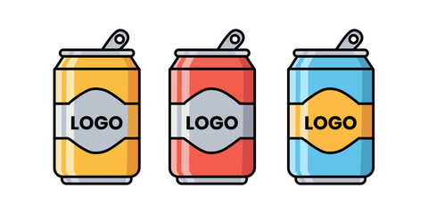 Three vector illustrations of modern soda cans in yellow, red, and blue. Each can features a blank label with customizable "LOGO" text.