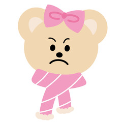 Cute Christmas illustration of grumpy teddy bear wearing pink scarf and pink ribbon for Christmas decoration, festive winter season, sticker, animal, zoo, cartoon character, expression, mood, costume