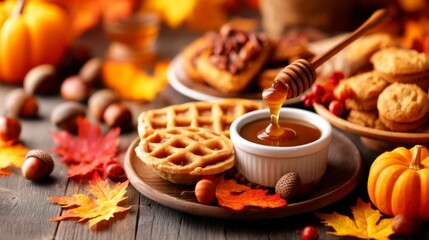 Fototapeta premium A cozy autumn scene featuring waffles drizzled with honey, surrounded by seasonal leaves, pumpkins, and cookies.