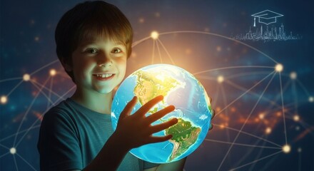 Naklejka premium Young Boy Holding Globe: Future of Education and Global Connectivity