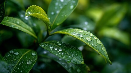 Macro photography of green plant leaves with raindrops highlighting fresh natural textures and organic botanical detail emphasizing lush foliage and environmental eco nature concepts for design
