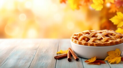 A warm autumn scene featuring a delicious apple pie surrounded by colorful leaves and cinnamon sticks, evoking cozy fall feelings.