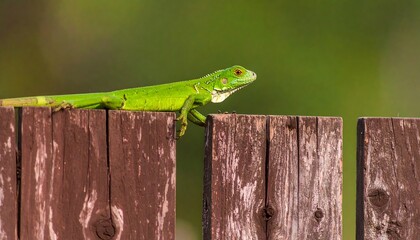 Fototapeta premium A vibrant green iguana rests atop weathered, brown wooden fence planks.