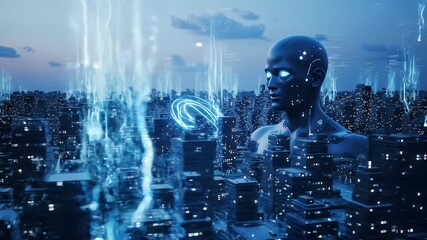 Cybernetic Guardian: Digital Cityscape with AI Presence - Powered by Adobe