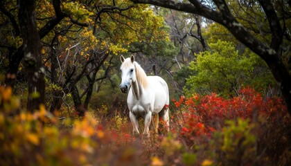 White horse in autumn forest