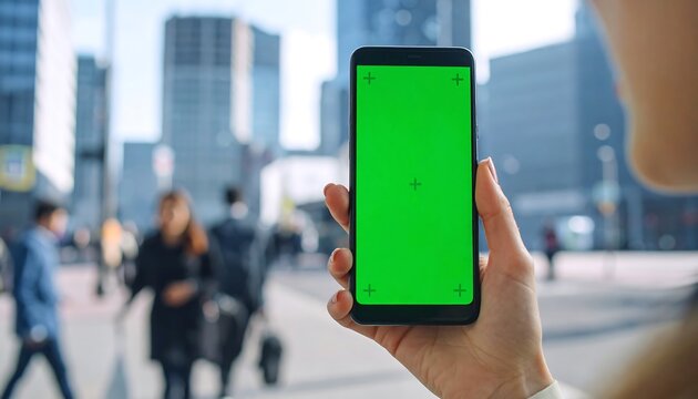 Woman holding phone with green screen in city