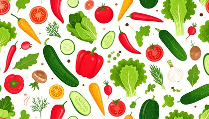 Vibrant vegetable pattern featuring colorful slices and whole vegetables, herbs, and spices on a white background.