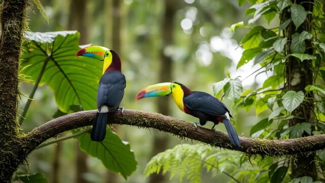 Animated tropical rainforest scenery with toucans perched on the branches of