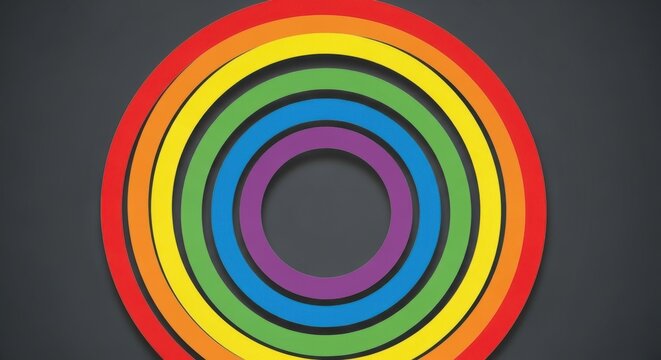 A vibrant rainbow circle design with concentric rings against a dark gray background, symbolizing diversity and inclusion