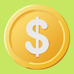 Visual Illustration Game currency, a shiny golden coin with a dollar sign, isolated fantasy asset on a green background.