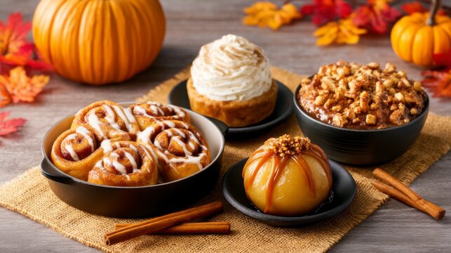 A delightful assortment of autumn-themed desserts featuring cinnamon rolls, pumpkin treats, and caramel apples surrounded by seasonal decor.